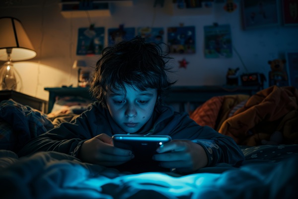 baiat sta in pat si se uita pe telefon noaptea
