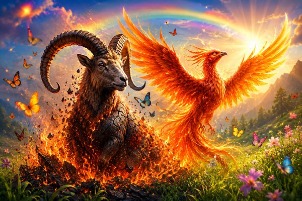 capricorn pe o campie langa o pasare phoenix cu un curcubeu in spate
