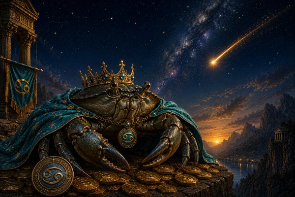 zodia rac cu o coroana pe cap si o capa pe spate se uita la o stea cazatoare