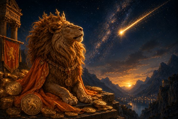 zodia leu cu o coroana pe cap si o capa pe spate se uita la o stea cazatoare