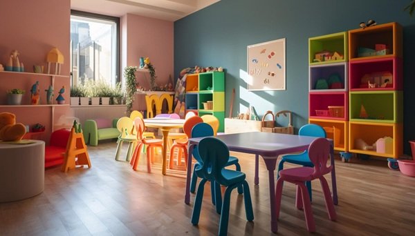 sala de clasa de gradinita cu jucarii si scaune colorate