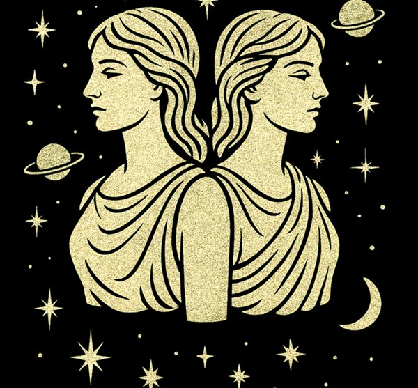 zodia gemeni pe fundal fantasy negru cu planete si stele