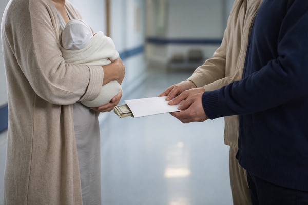femeie cu bebelus in brate primeste bani de la un cuplu pe holurile unui spital