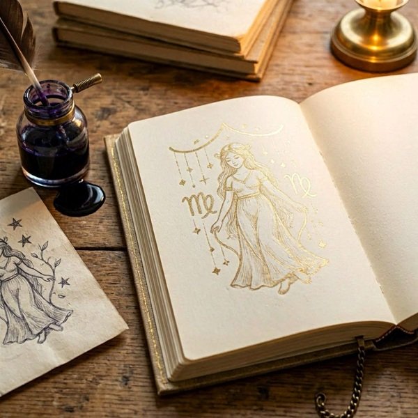 zodia fecioara desenata cu auriu pe o carte deschisa