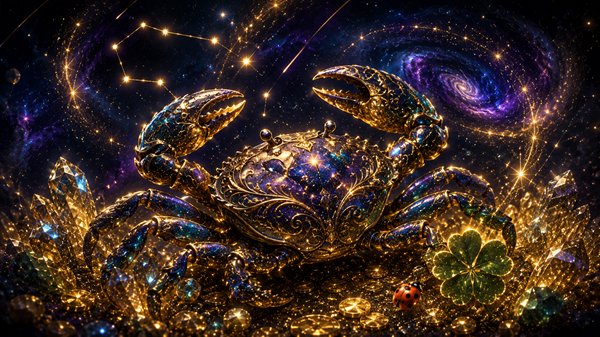 reprezentare grafica fantasy a zodiei rac inconjurata de bogatie aur si trifoi cu patru foi