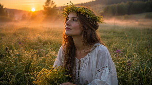femeie cu o cununa de sanziene pe cap sta pe un camp cu un buchet de flori in mana
