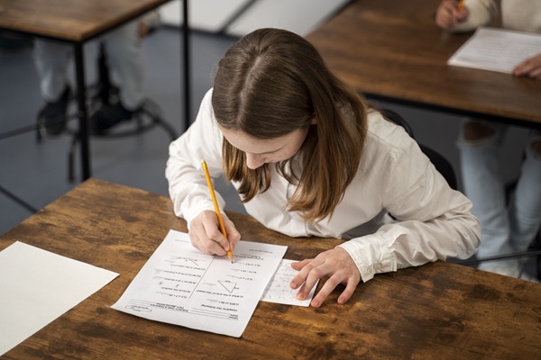 fata satena imbracata in camasa alba scrie pe banca la un examen
