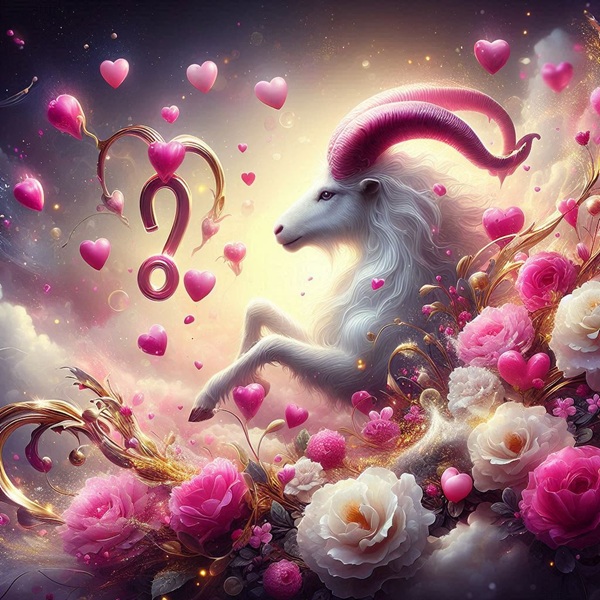 zodia capricorn pe norisori roz inconjurata de inimi si de flori roz