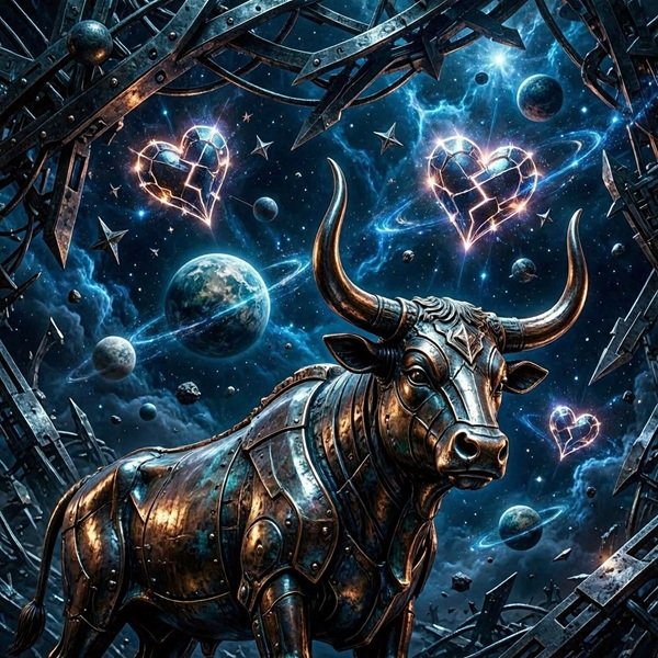 zodia taur din fier pe fundal albastru inconjurata de planete