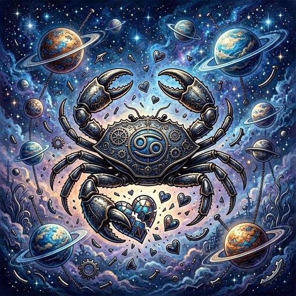 zodia rac pe fundal albastru cu planete
