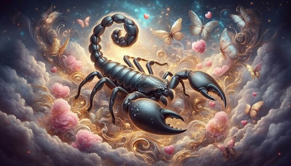 zodia scorpion pe nori roz inconjurata de inimi