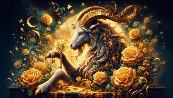 un capricorn tine in copite o cheie de aur inconjurat de semne ale norocului si de flori aurii