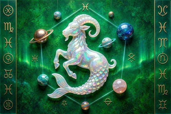 simbol zodia capricorn din opal curcubeu pe fundal verde