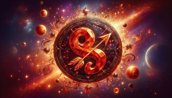 zodia sagetator din carneol inconjurata de planete si stele si nori