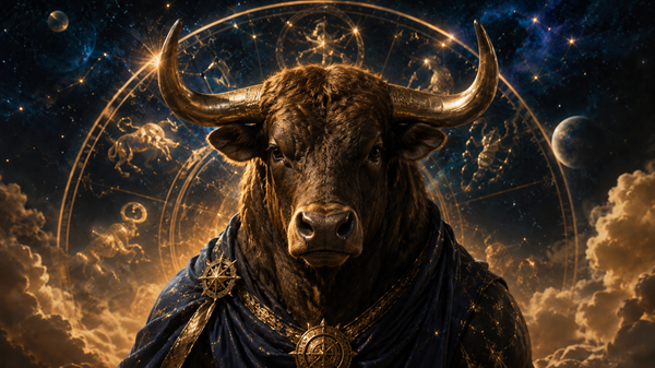 taur cu o capa albastra pe el pe fundal horoscop