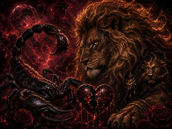 zodia leu si zodia scorpion pe fundal rosu cu inimi ranite