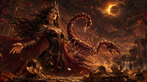 femeie bruneta cu parul lung langa un scorpion
