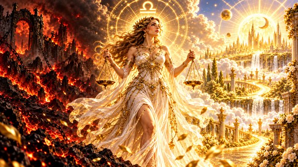 femeie blonda cu parul lung tine in mana o balanta pe fundal fantasy intre 2 lumi