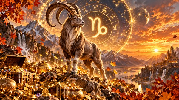 zodia capricorn in peisaj montan inconjurat de bogatii