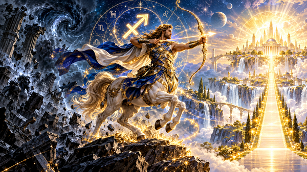 zodia săgetător la capatul unui drum de aur peisaj montan fantasy