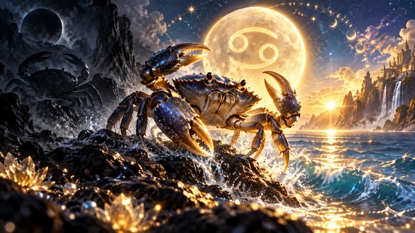 zodia rac pe malul unui rac pe fundal de luna plina
