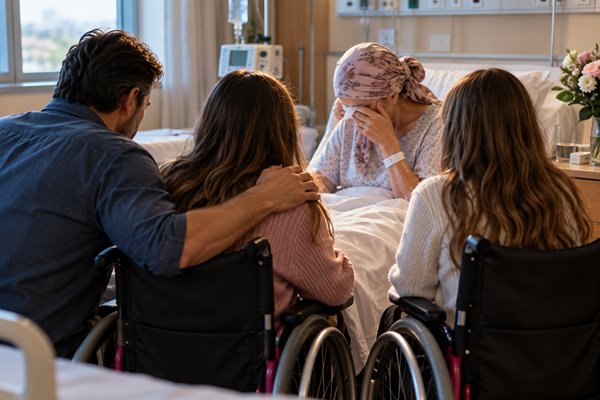 doua fete in scaune cu rotile cu tatal lor in vizita la mama lor bolnava in spital