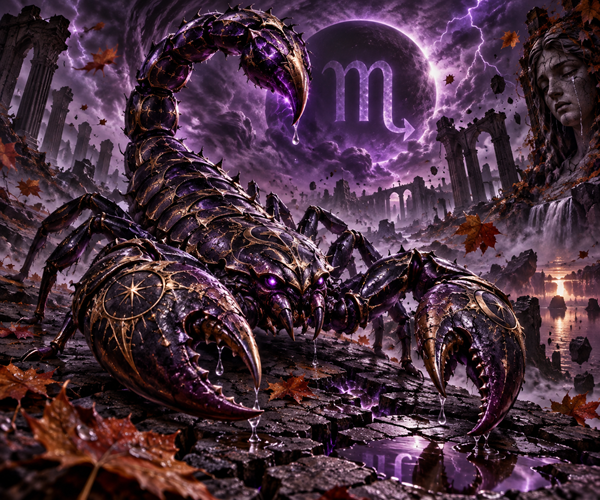 zodia scorpion pe fundal mov intr-un loc abandonat cu lacrimi si fulgere
