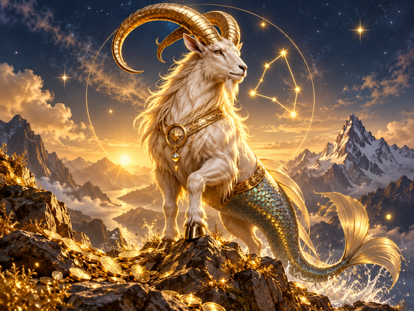 capricorn in peisaj montan priveste spre cerul plin de stele si constelatii