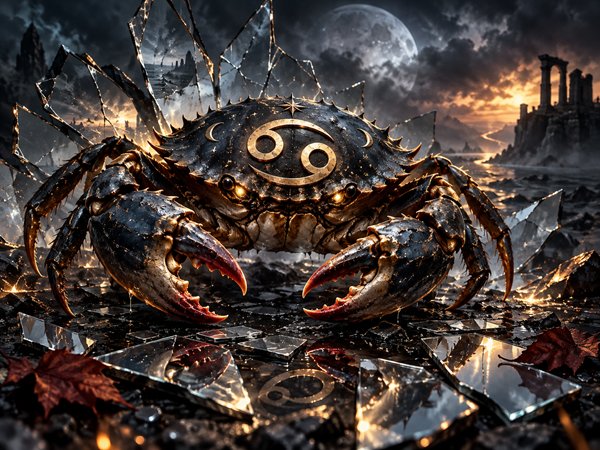 zodia rac pe fundal de toamna printre cioburi de oglinda sparta