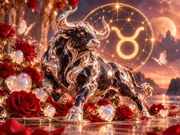 zodia taur din onix inconjurata de inimi de opal si de trandafiri rosii si fluturi roz