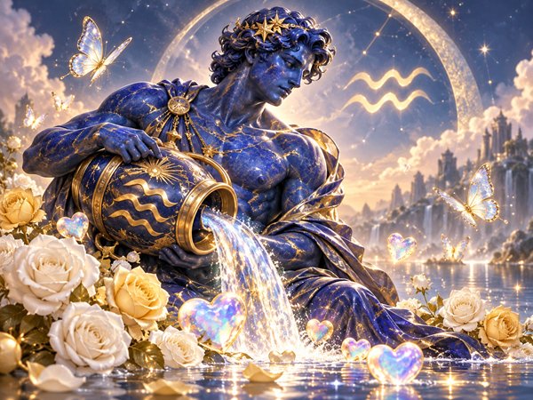 zodia varsator din lapis lazuli langa un lac inconjurat de trandafiri albi si opal